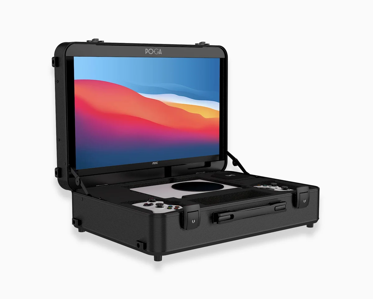 Open POGA PRO Xbox Series S travel case with built-in monitor and controllers