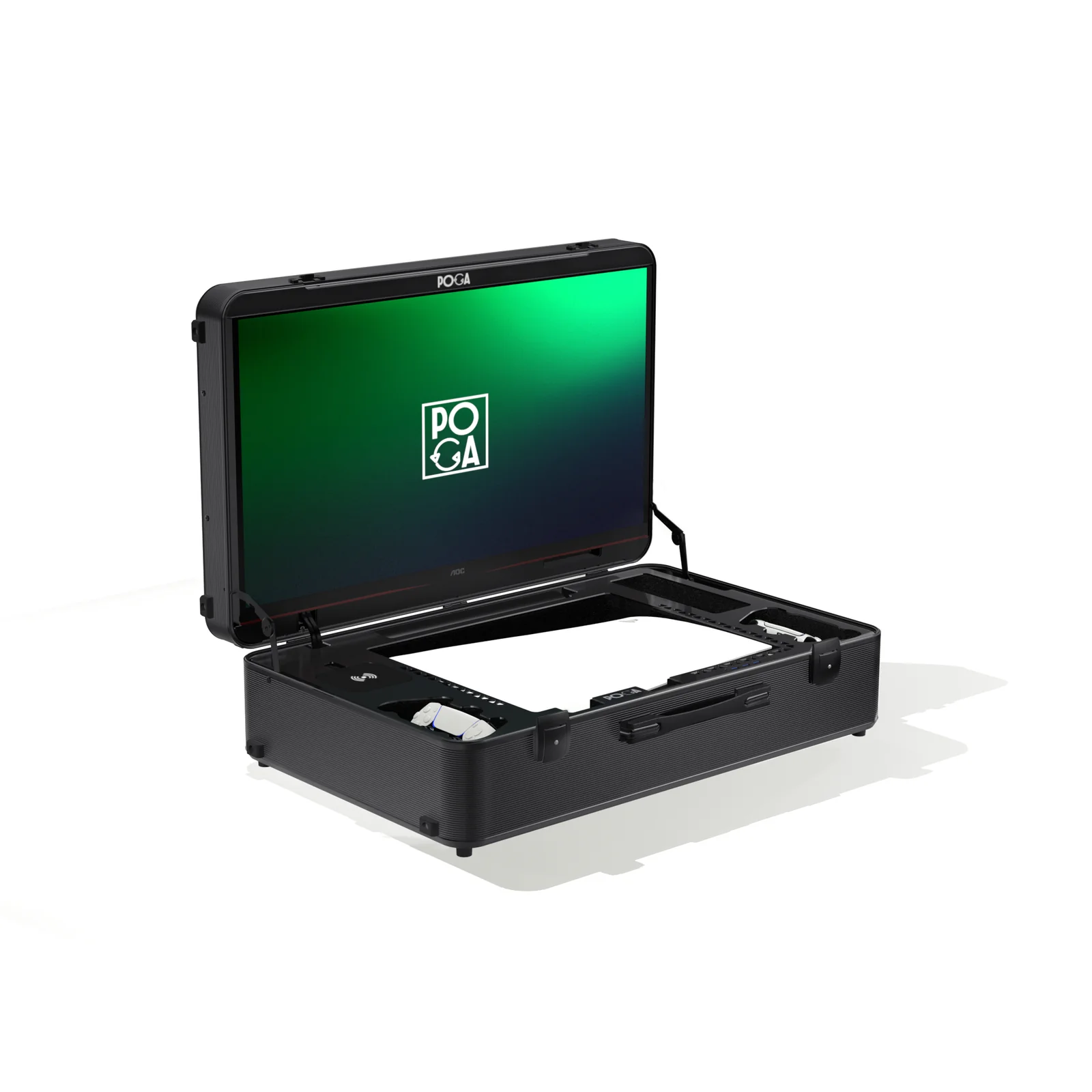 POGA portable gaming station open with its display and storage area visible