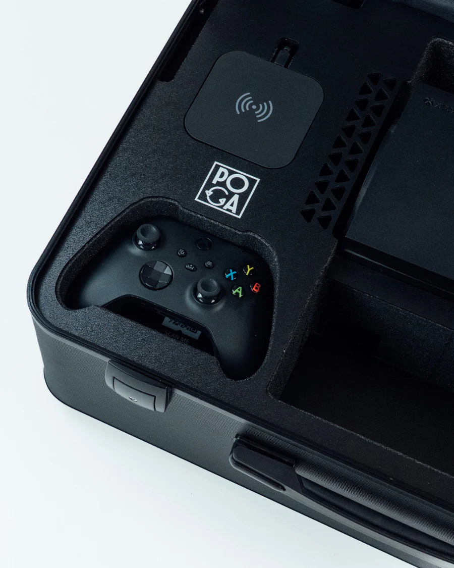 POGA gaming station with controller storage and wireless charging area